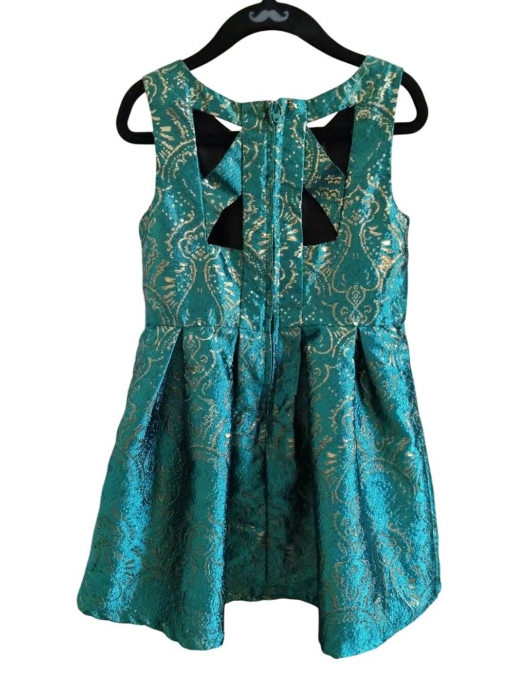 Place Little Girls Size 5 Dress Teal Sleeveless Gold Brocade Bow Back Party Chic - Picture 3 of 8